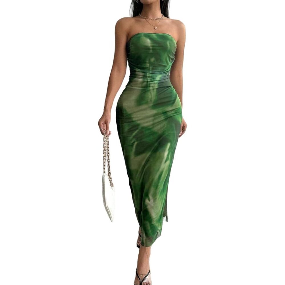 Women's Ruched Strapless Bodycon Dress Polyester Spandex Midi Formal Outfits